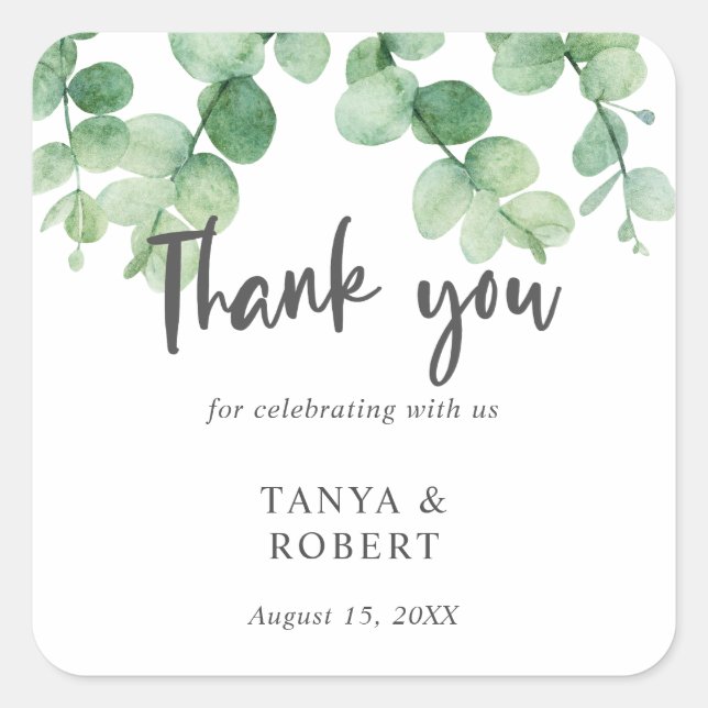 Simple Elegant Eucalyptus Wedding Chic Calligraphy Square Sticker (Front)