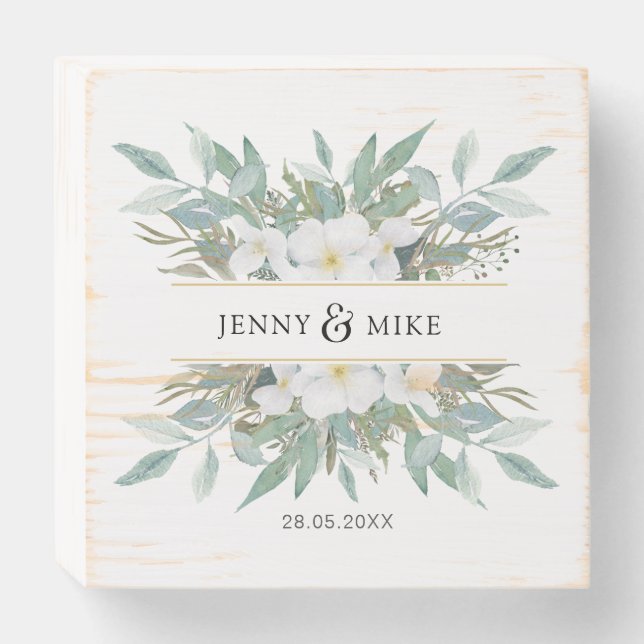 Simple, elegant, eucalyptus wedding wooden box sign (Front Horizontal)