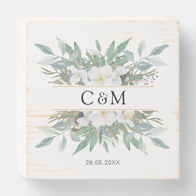 Simple, elegant, eucalyptus wedding wooden box sign (Front Horizontal)