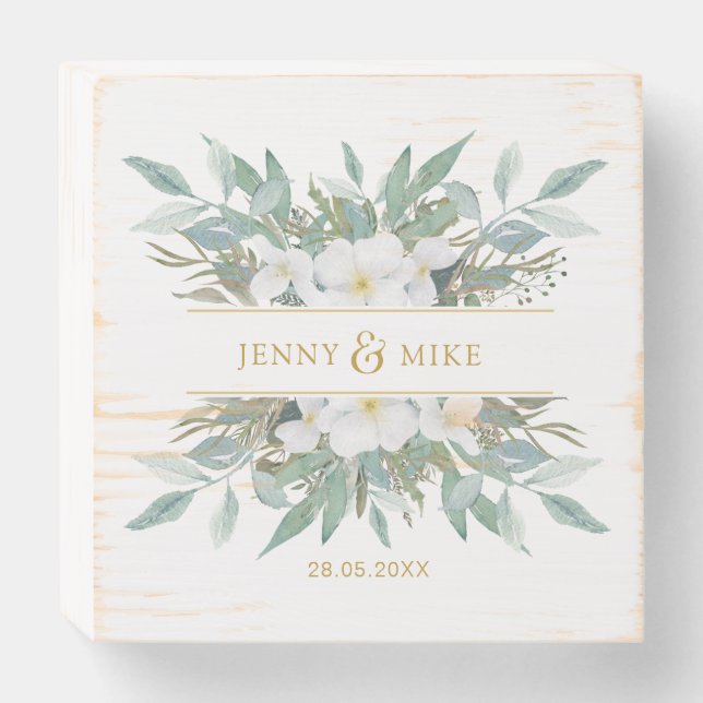 Simple, elegant, eucalyptus wedding wooden box sign (Front Horizontal)