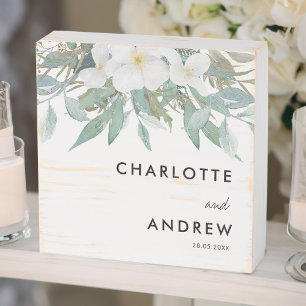 Simple, elegant, eucalyptus wedding wooden box sign
