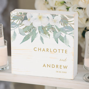 Simple, elegant, eucalyptus wedding wooden box sign