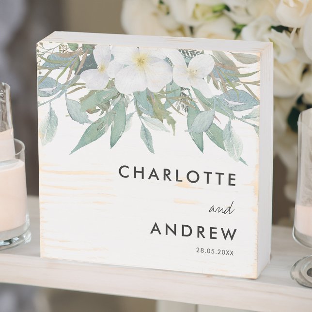 Simple, elegant, eucalyptus wedding wooden box sign (Creator Uploaded)