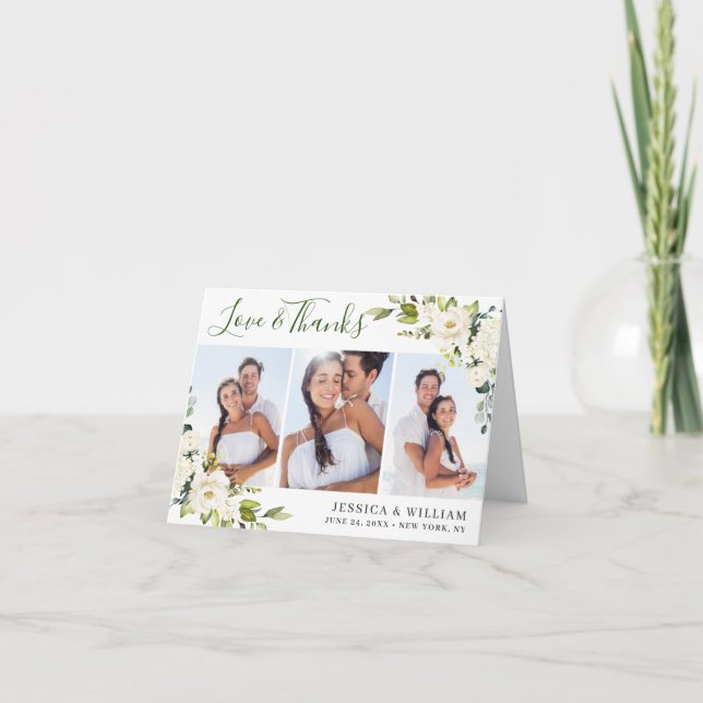 Simple Elegant Eucalyptus White Roses 3 PHOTO Thank You Card (Front)