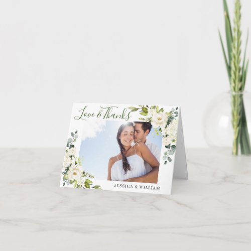 Simple Elegant Eucalyptus White Roses Floral PHOTO Thank You Card