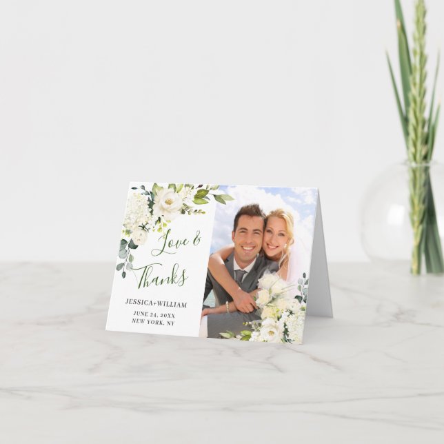 Simple Elegant Eucalyptus White Roses Floral PHOTO Thank You Card (Front)