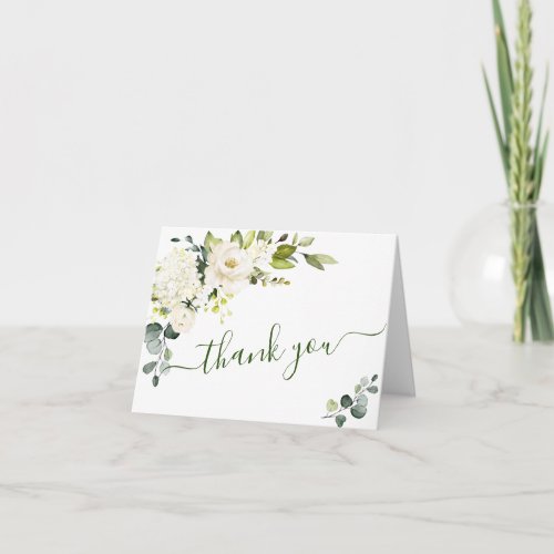 Simple Elegant Eucalyptus White Roses Floral Thank You Card