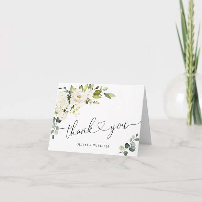 Simple Elegant Eucalyptus White Roses Floral Thank You Card (Front)