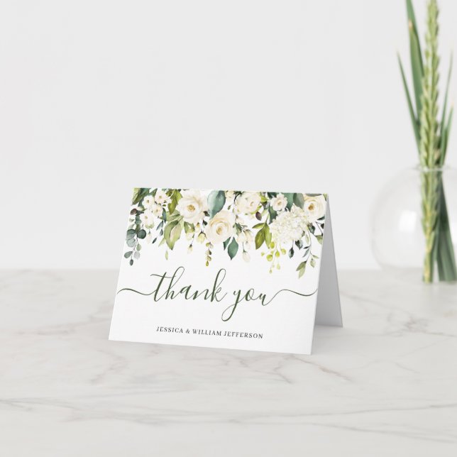 Simple Elegant Eucalyptus White Roses Floral Thank You Card (Front)