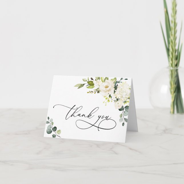 Simple Elegant Eucalyptus White Roses Floral Thank You Card (Front)