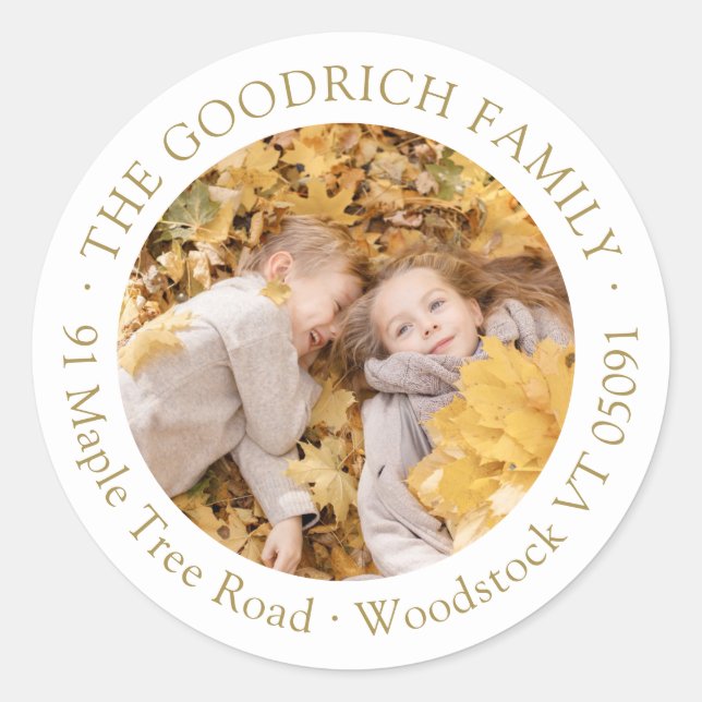 Simple Elegant Fall Photo Return Address Classic Round Sticker (Front)