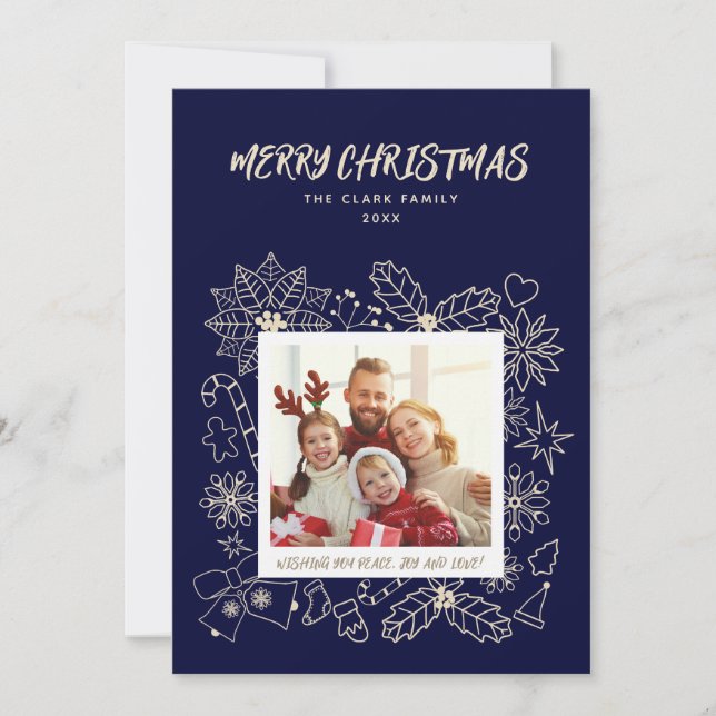 Simple Elegant Family 1 Photo Frame in Dark Blue Holiday Card (Front)