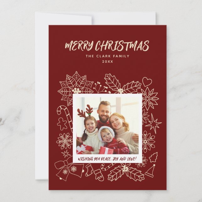 Simple Elegant Family 1 Photo Frame in Dark Red  Holiday Card (Front)