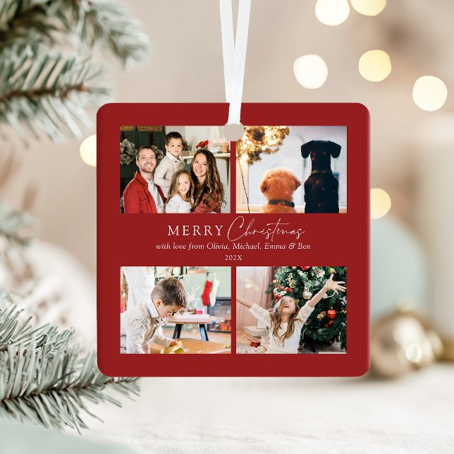 Simple Elegant Family 4 Photo Collage Christmas Metal Ornament (4 photo collage elegant holiday decoration with a deep red background and customizable text)