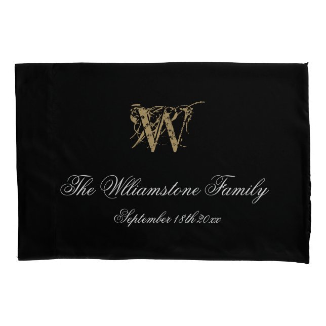 Simple Elegant Family Last Name + Monogram Wedding Pillow Case (Front)