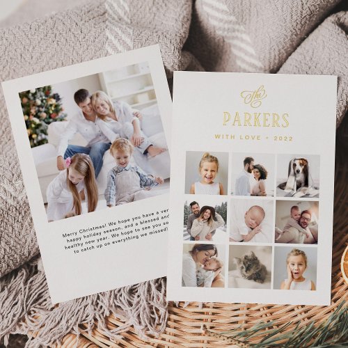 Simple Elegant Family Photo Grid  Gold Christmas Foil Holiday Card