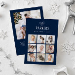 Simple Elegant Family Photo Grid | Silver Foil Holiday Card<br><div class="desc">This simple and minimalist, silver foil holiday card features an elegant nine photo collage on the front, and an additional photo on the back, for a total of ten of your favorite family photos. Classic silver calligraphy along with modern text for your family name on a dark, navy blue background...</div>
