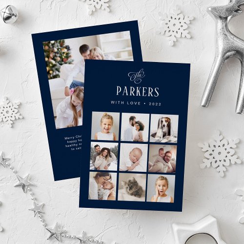 Simple Elegant Family Photo Grid  Silver Foil Holiday Card