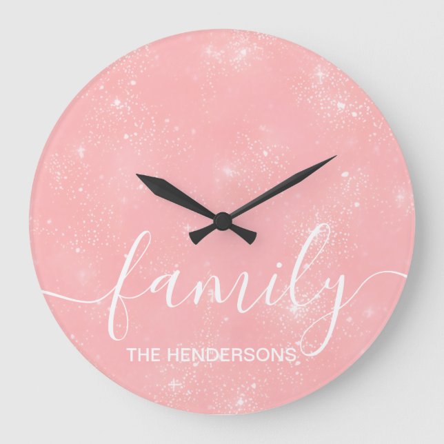 Simple Elegant Family Text Pink  Large Clock (Front)