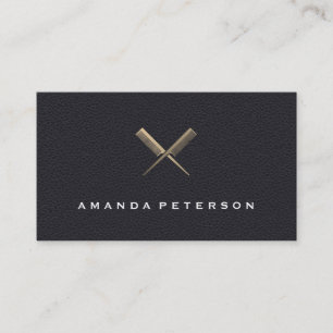 Simple Elegant Faux Black Leather Comb Crossed Business Card