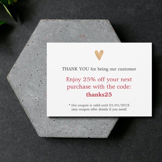 Simple Elegant Faux Gold Heart Thank You Coupon Card (Creator Uploaded)