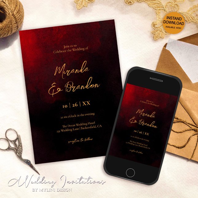 Simple Elegant Faux Gold Script Red Black Wedding Invitation (Creator Uploaded)