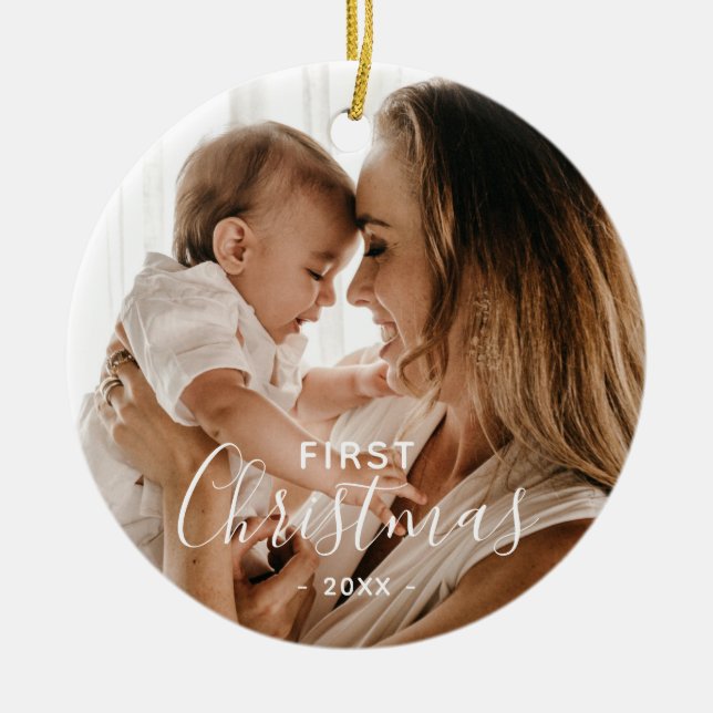 Simple Elegant First Christmas Newborn Photo  Ceramic Ornament (Front)