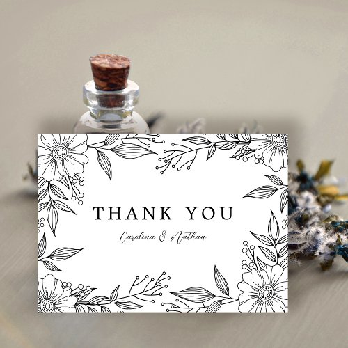 Simple Elegant Floral Black Wedding Thank You Card