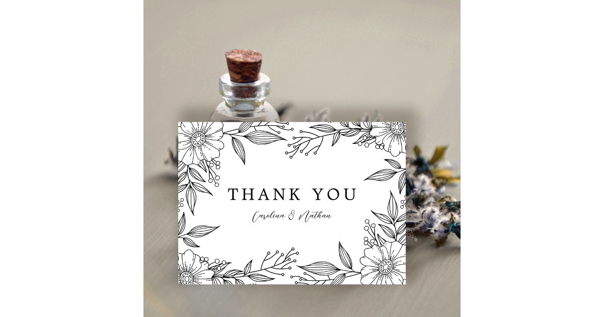 Simple Elegant Floral Black Wedding Thank You Card | Zazzle