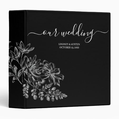 Simple Elegant Floral Black White Script Wedding  3 Ring Binder
