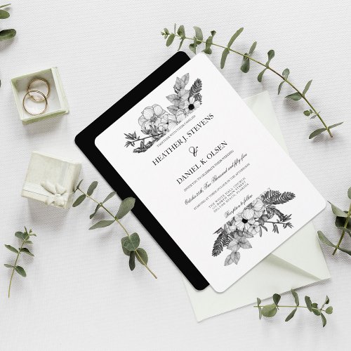 Simple Elegant Floral Black White Wedding Invitation