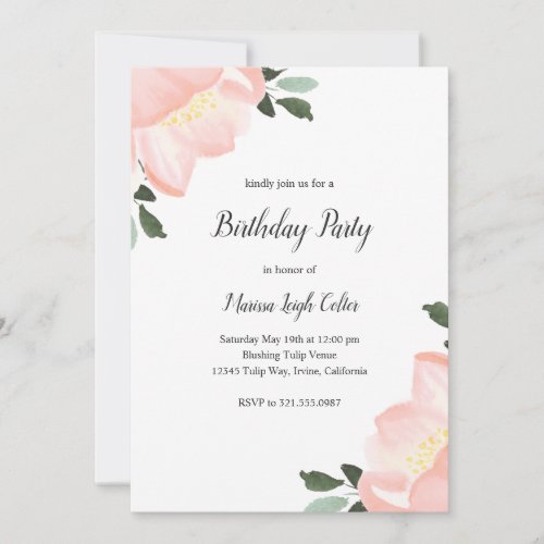 Simple Elegant Floral Blush Pink Birthday Party Invitation
