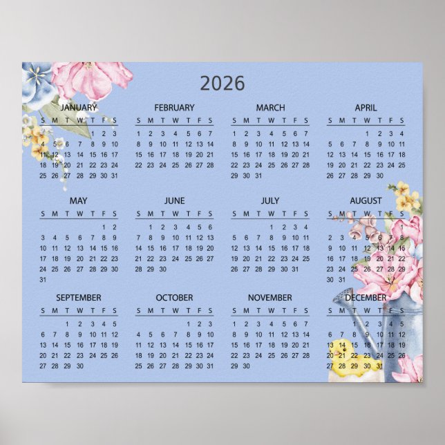Simple Elegant Floral Botanical 2026 Calendar |  Poster (Front)