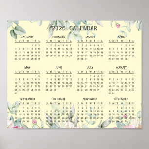 Simple Elegant Floral Botanical 2026 Calendar Poster