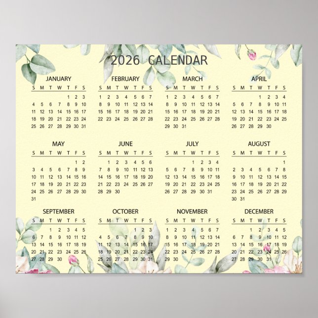Simple Elegant Floral Botanical 2026 Calendar |  Poster (Front)