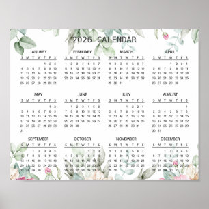 Simple Elegant Floral Botanical 2026 Calendar Poster