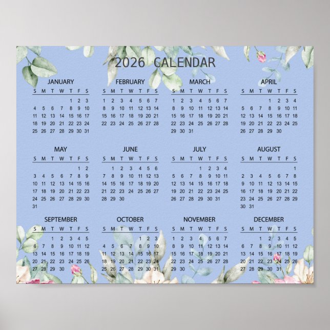 Simple Elegant Floral Botanical 2026 Calendar |  Poster (Front)