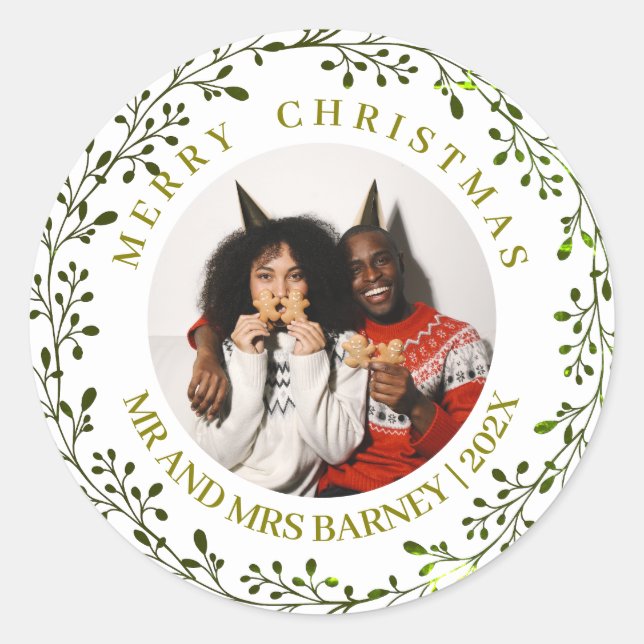 Simple Elegant Floral Christmas Family 1 Photo  Classic Round Sticker (Front)