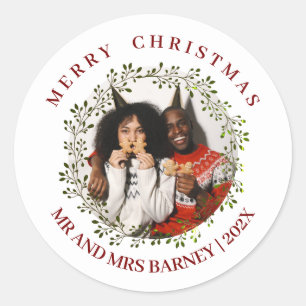 Simple Elegant Floral Christmas Family 1 Photo Classic Round Sticker