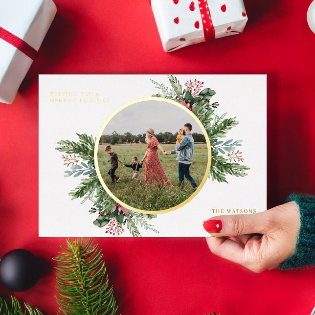 Simple Elegant Floral Christmas Photo Foil Holiday Card (Creator Uploaded)