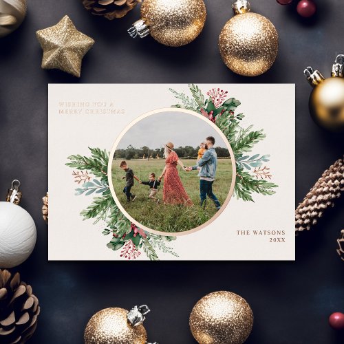 Simple Elegant Floral Christmas Photo Foil Holiday Card