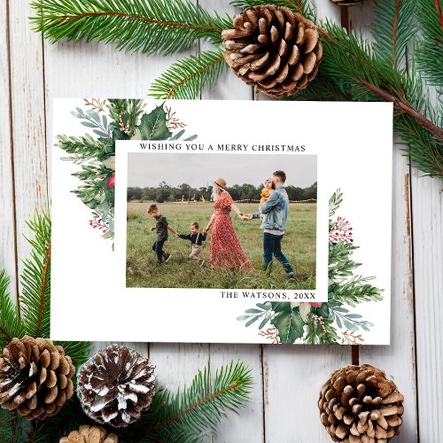 Simple Elegant Floral Christmas Photo Holiday Card