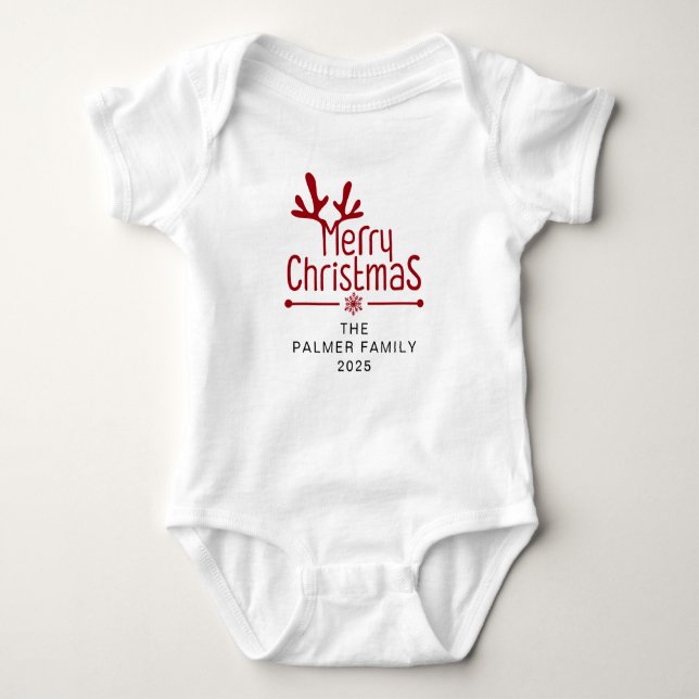 Simple Elegant Floral Christmas Wreath Family Name Baby Bodysuit (Front)