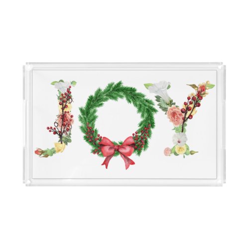 Simple elegant floral Christmas wreath joy script Acrylic Tray