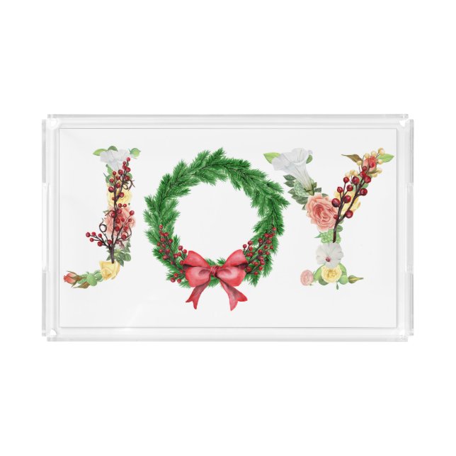 Simple elegant floral Christmas wreath joy script Acrylic Tray (Front)