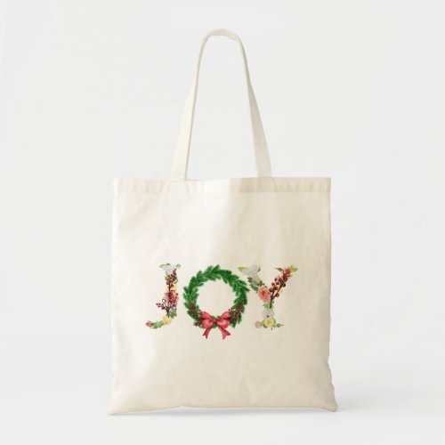 Simple elegant floral Christmas wreath joy script Tote Bag