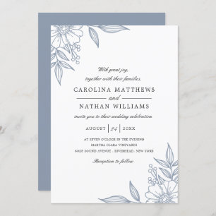 Simple Elegant Floral Corners Wedding Blue Invitation