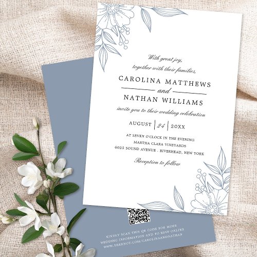 Simple Elegant Floral Corners Wedding Blue QR Code Invitation