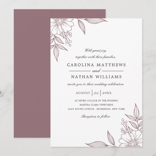 Simple Elegant Floral Corners Wedding Mauve Invitation (Front/Back)