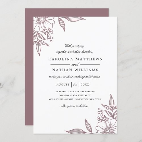 Simple Elegant Floral Corners Wedding Mauve Invitation